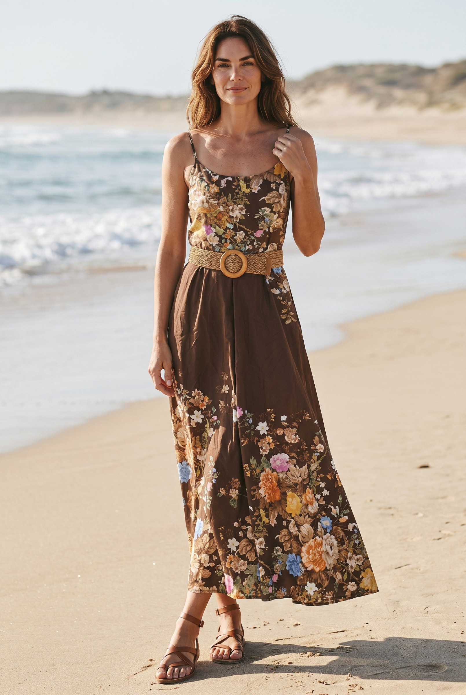 Mayorista Elegance - Vestido acampanado sin mangas de flores, con cinturón de paja