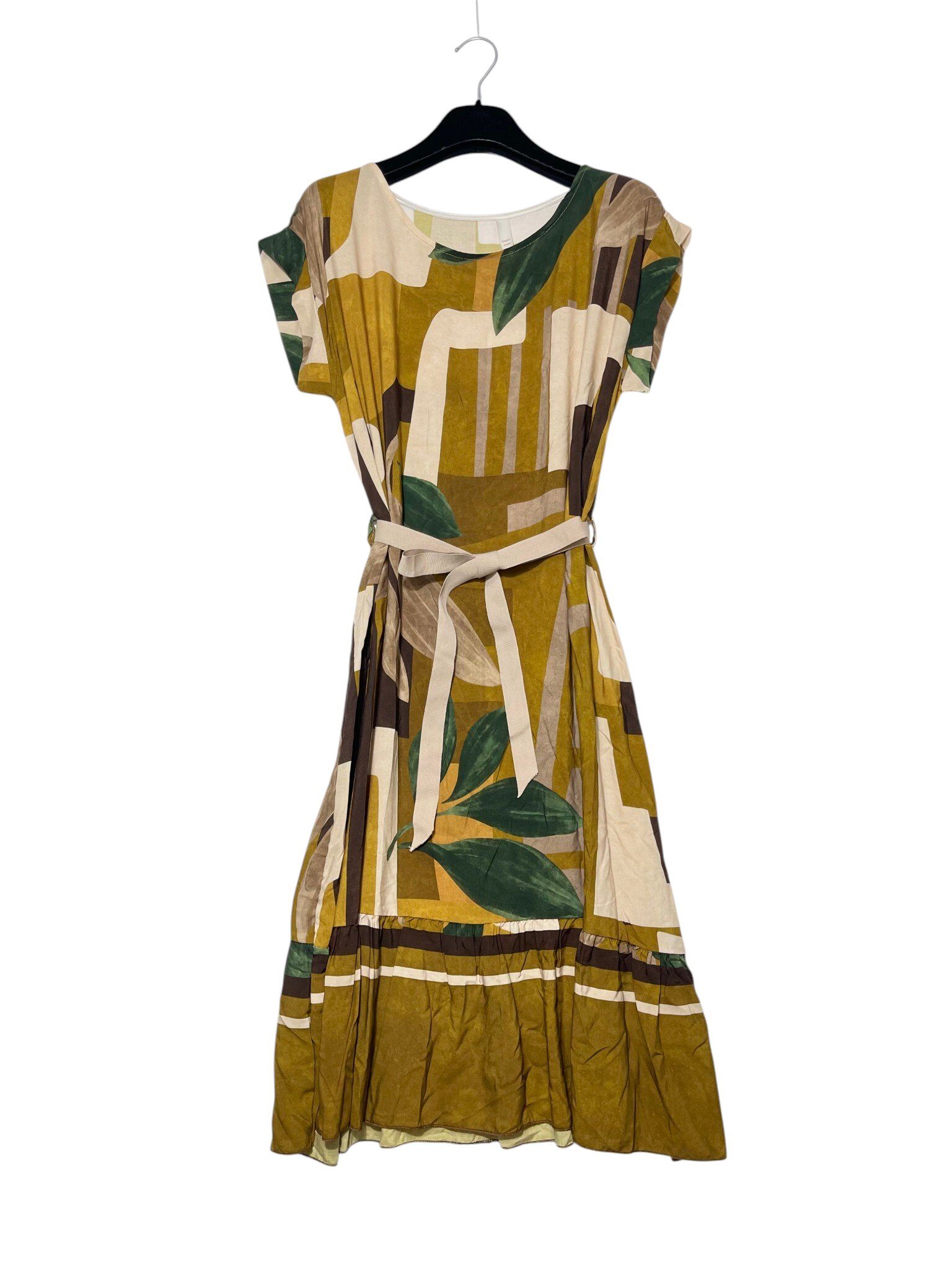 Grossiste Elegance - Robe sans manches avec volants et ceinture à imprimé géométrique