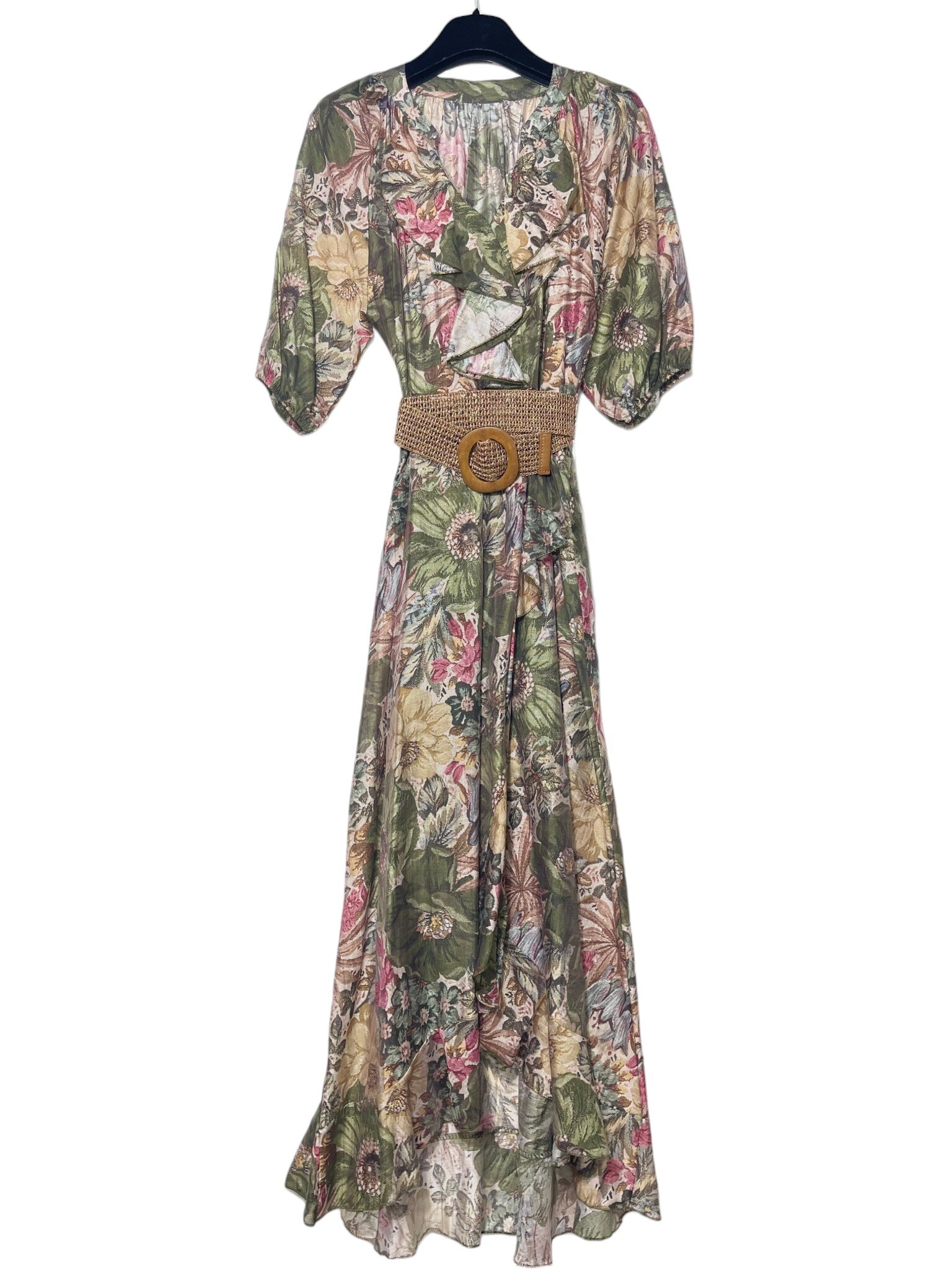 Mayorista Elegance - Vestido largo asimétrico de mezcla de lino con volantes y escote en V con fruncidos, estampado floral