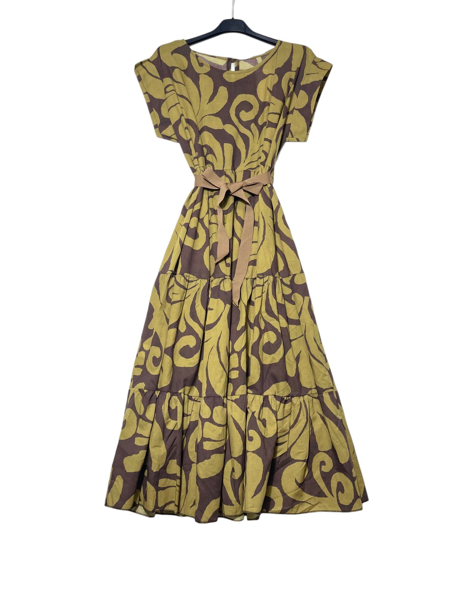 Grossista Elegance - Abito smanicato a balze stampa geometrica