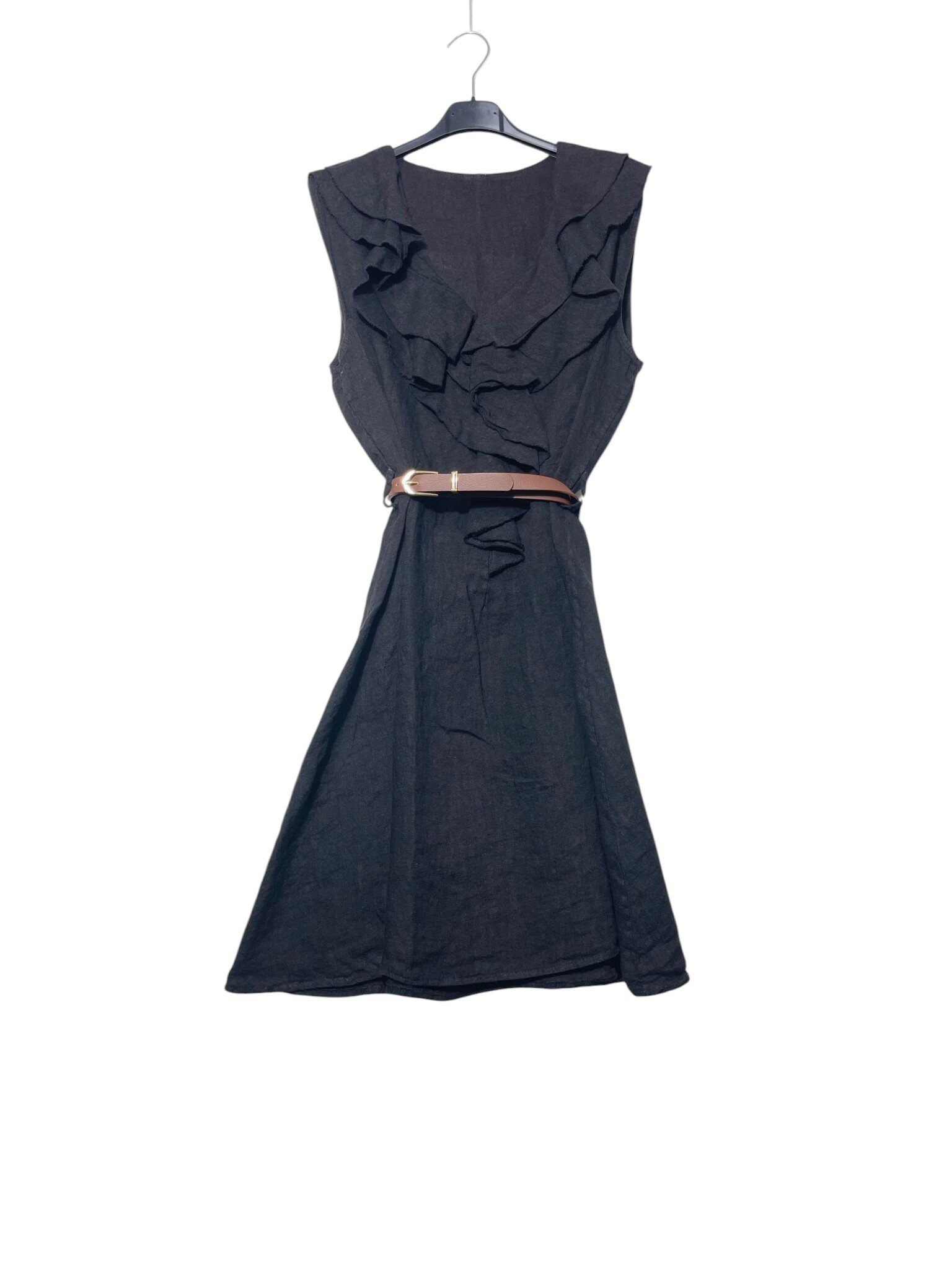 Wholesaler Elegance - Pure linen dress with V-neck and ruffles