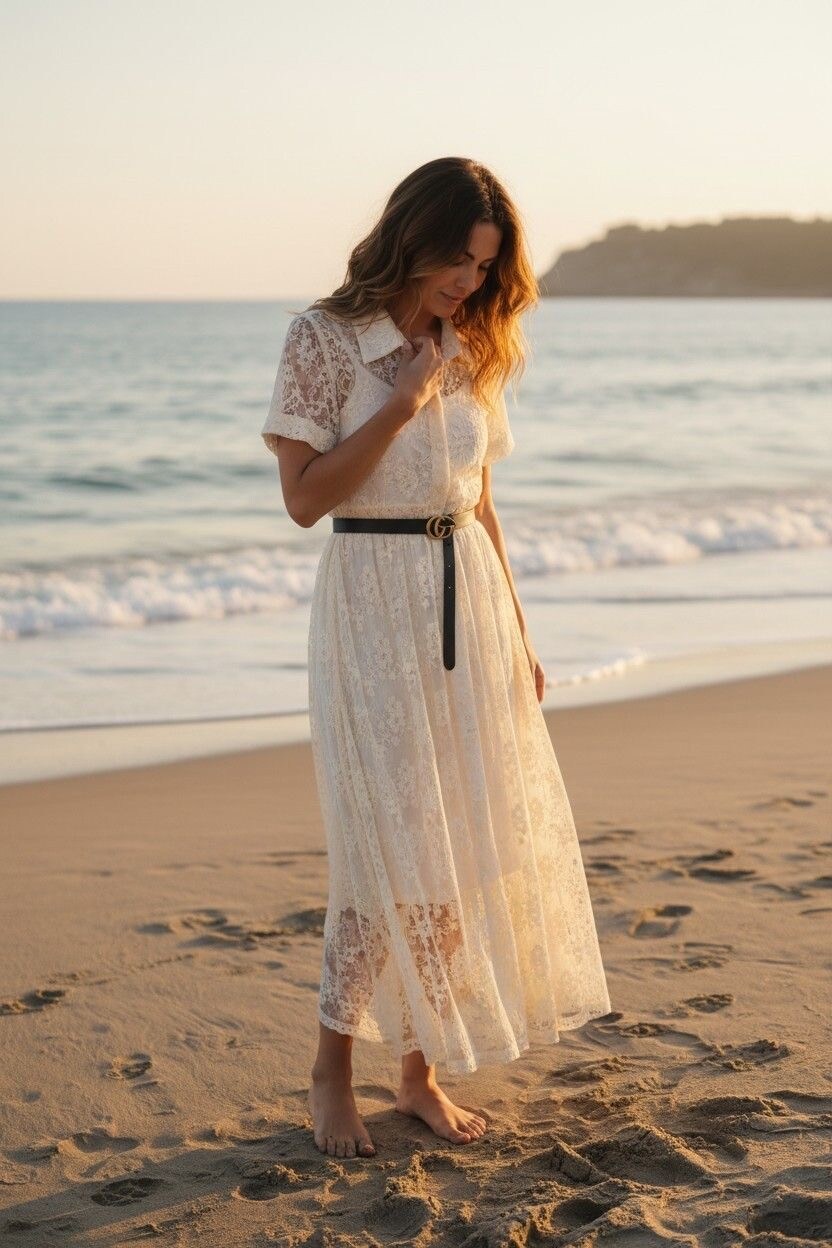 Mayorista Elegance - Vestido camisero sin mangas de encaje broderie, forrado por dentro