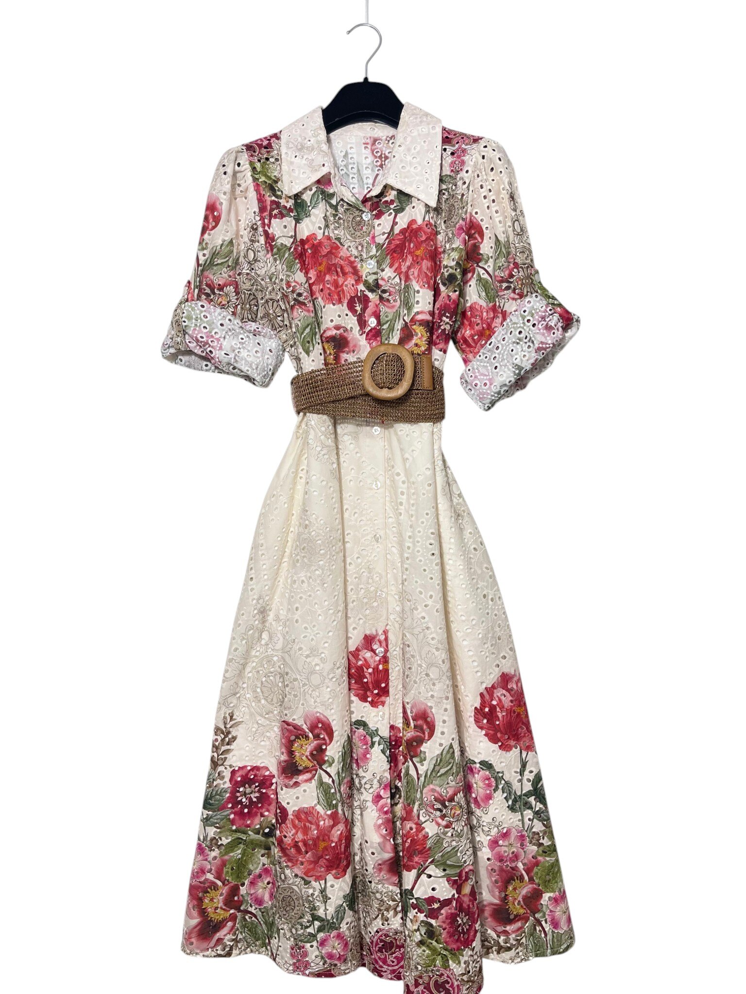 Mayorista Elegance - Vestido camisero de bordado inglés con estampado floral, forrado por dentro