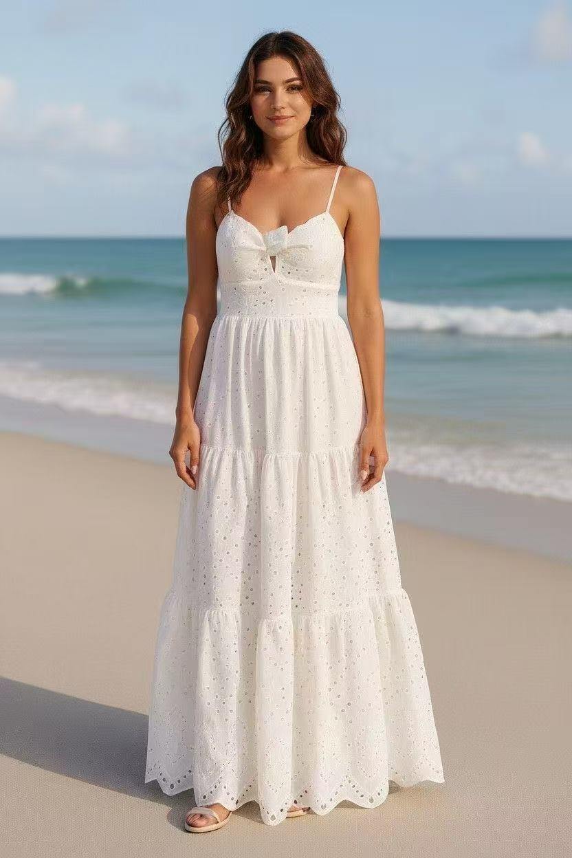 Mayorista Elegance - Vestido largo de bordado inglés con volantes y tirantes ajustables, elástico en la parte trasera