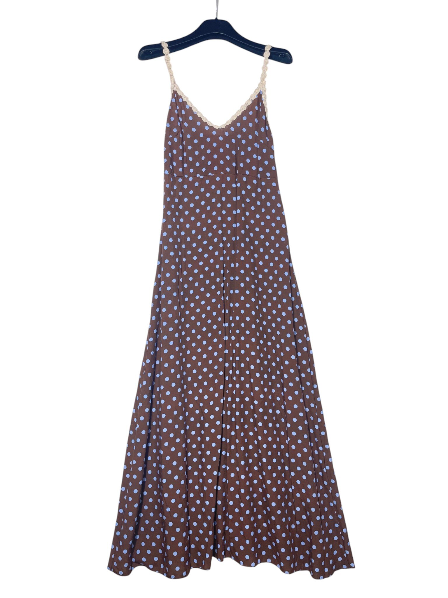 Wholesaler Elegance - Long polka dot spaghetti strap dress, crochet inserts