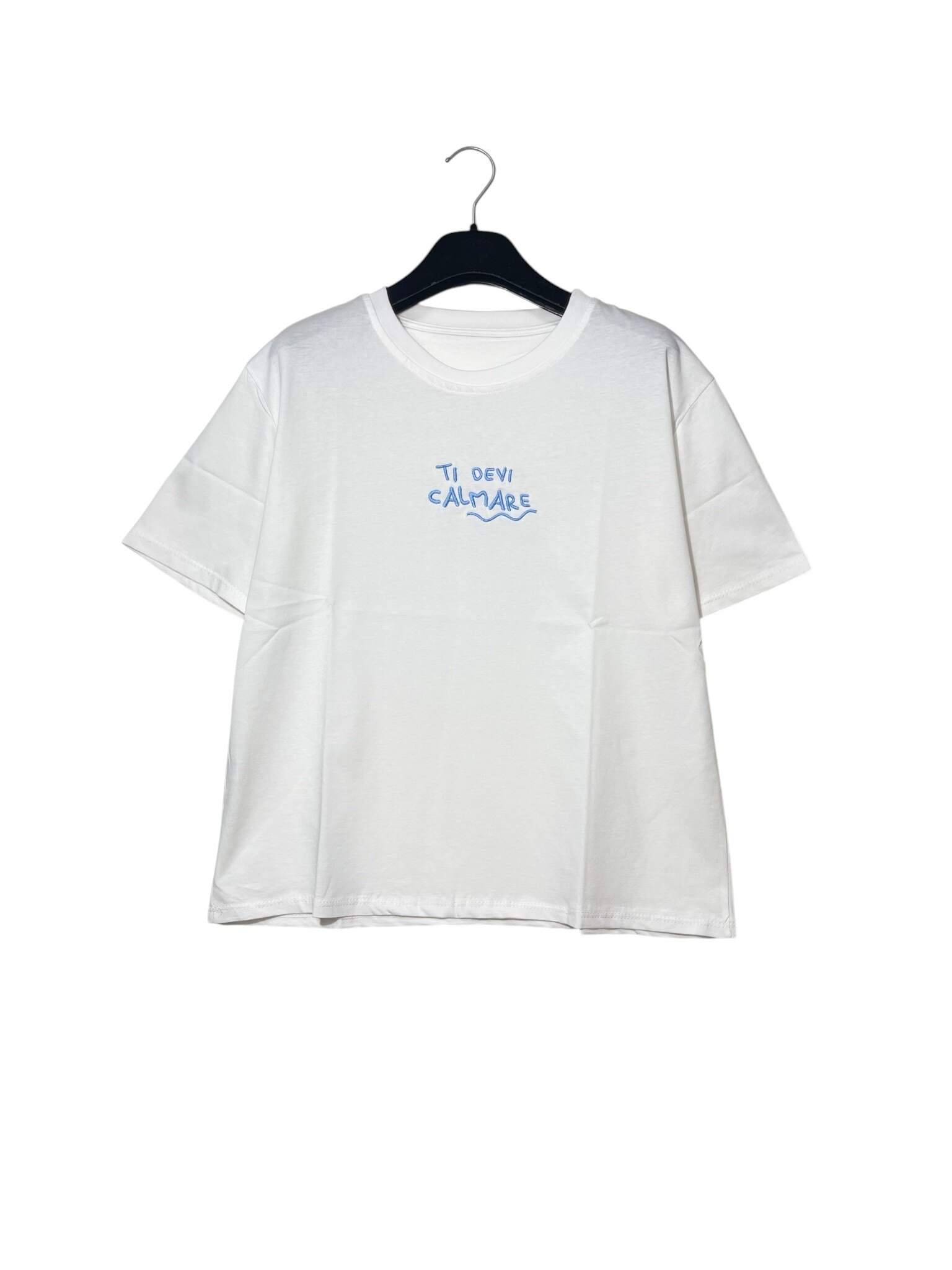 Mayorista Elegance - Camiseta de puro algodón con texto bordado TIENES QUE CALMARTE