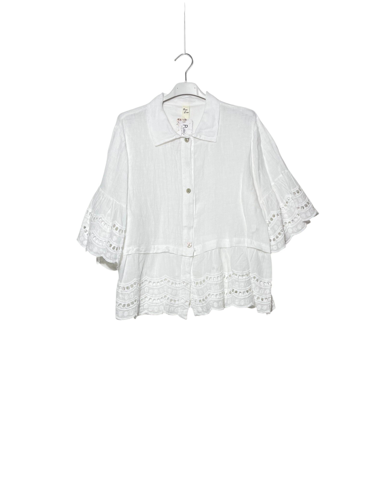 Mayorista Elegance - Camisa de lino puro con inserciones de bordado inglés