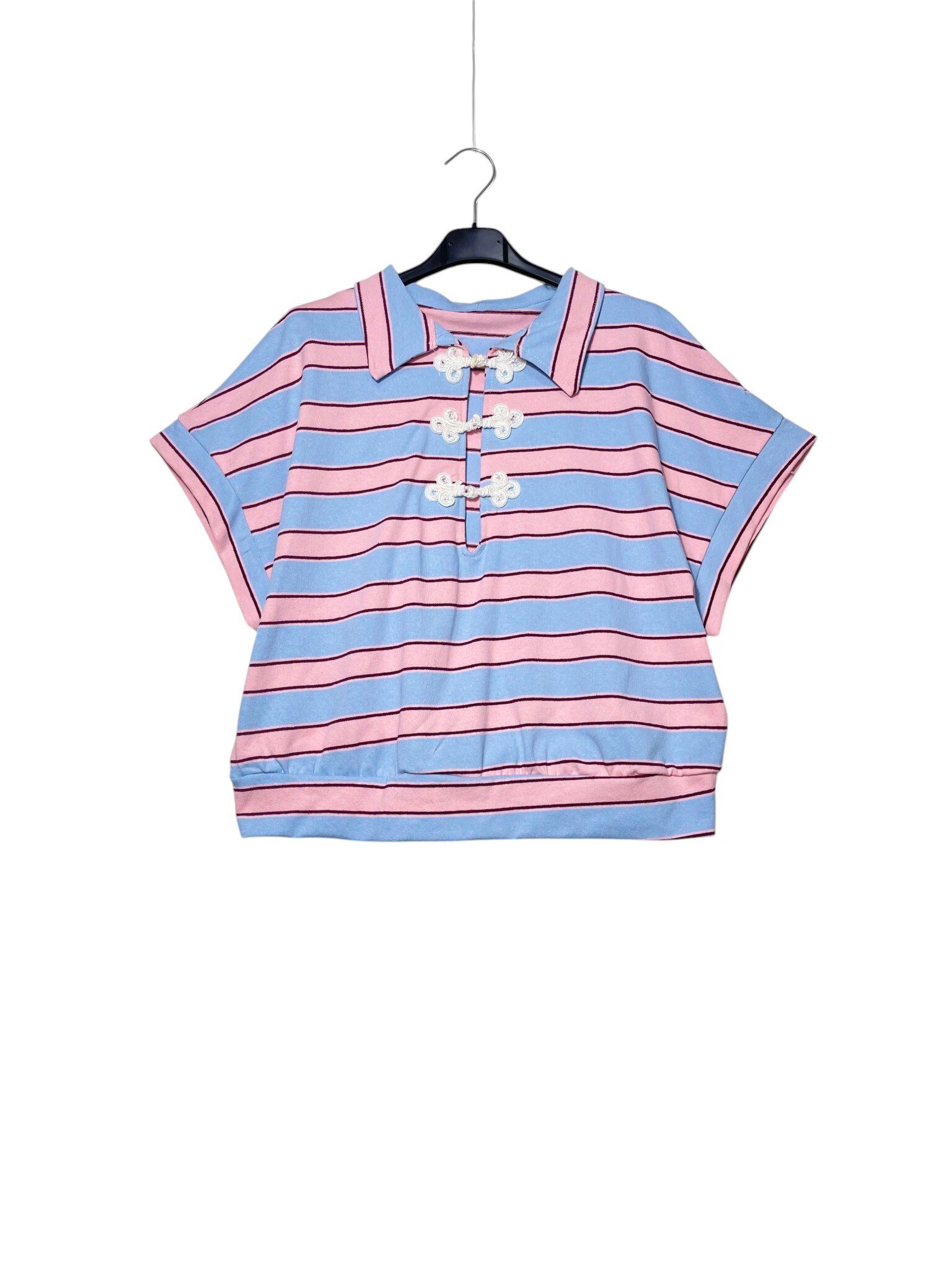 Wholesaler Elegance - T-shirt with collar and Chinese knots, wide stripes