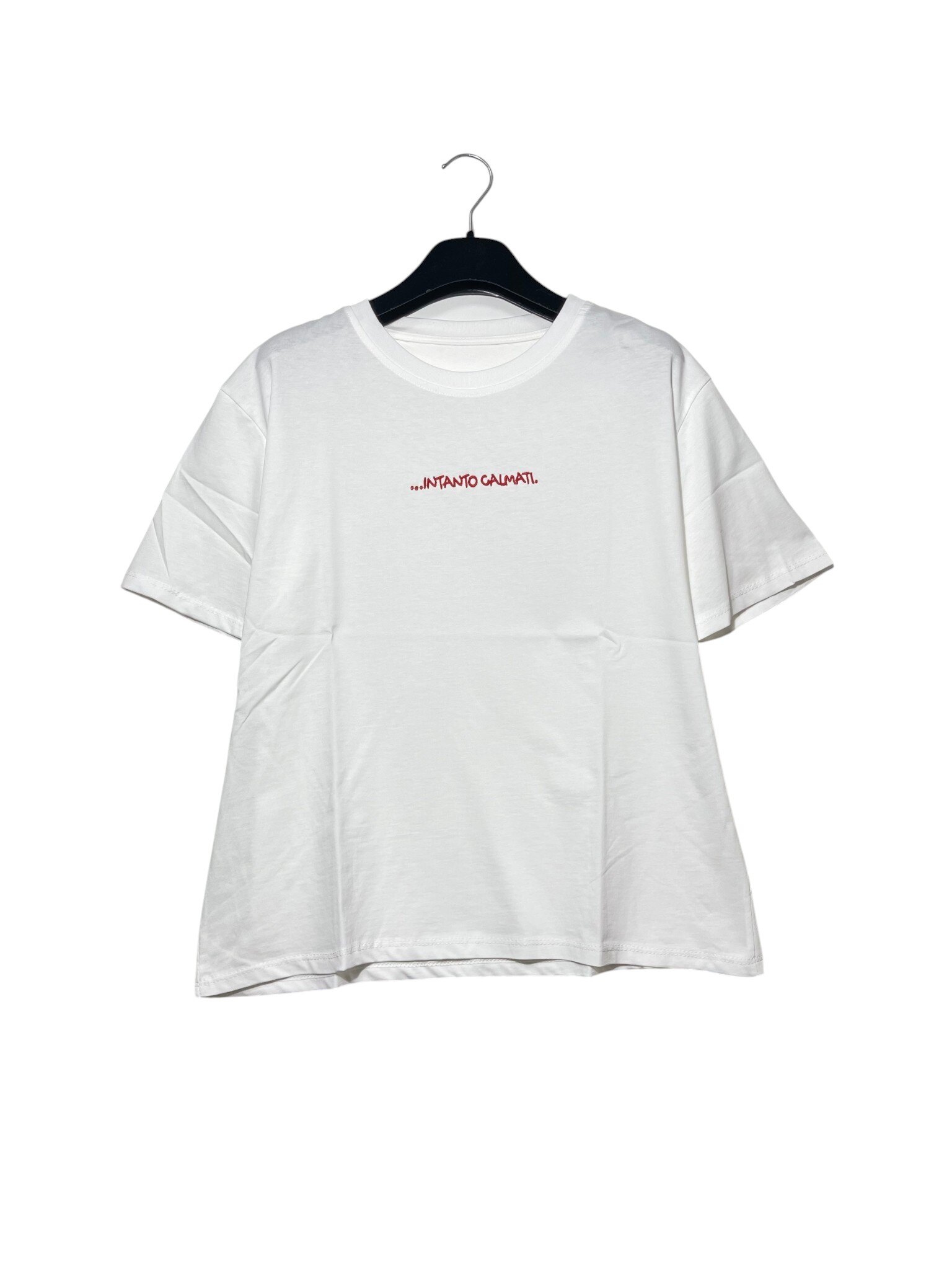 Wholesaler Elegance - Medium T-shirt in pure cotton with embroidered text ...IN THE MEANTIME CALM DOWN.