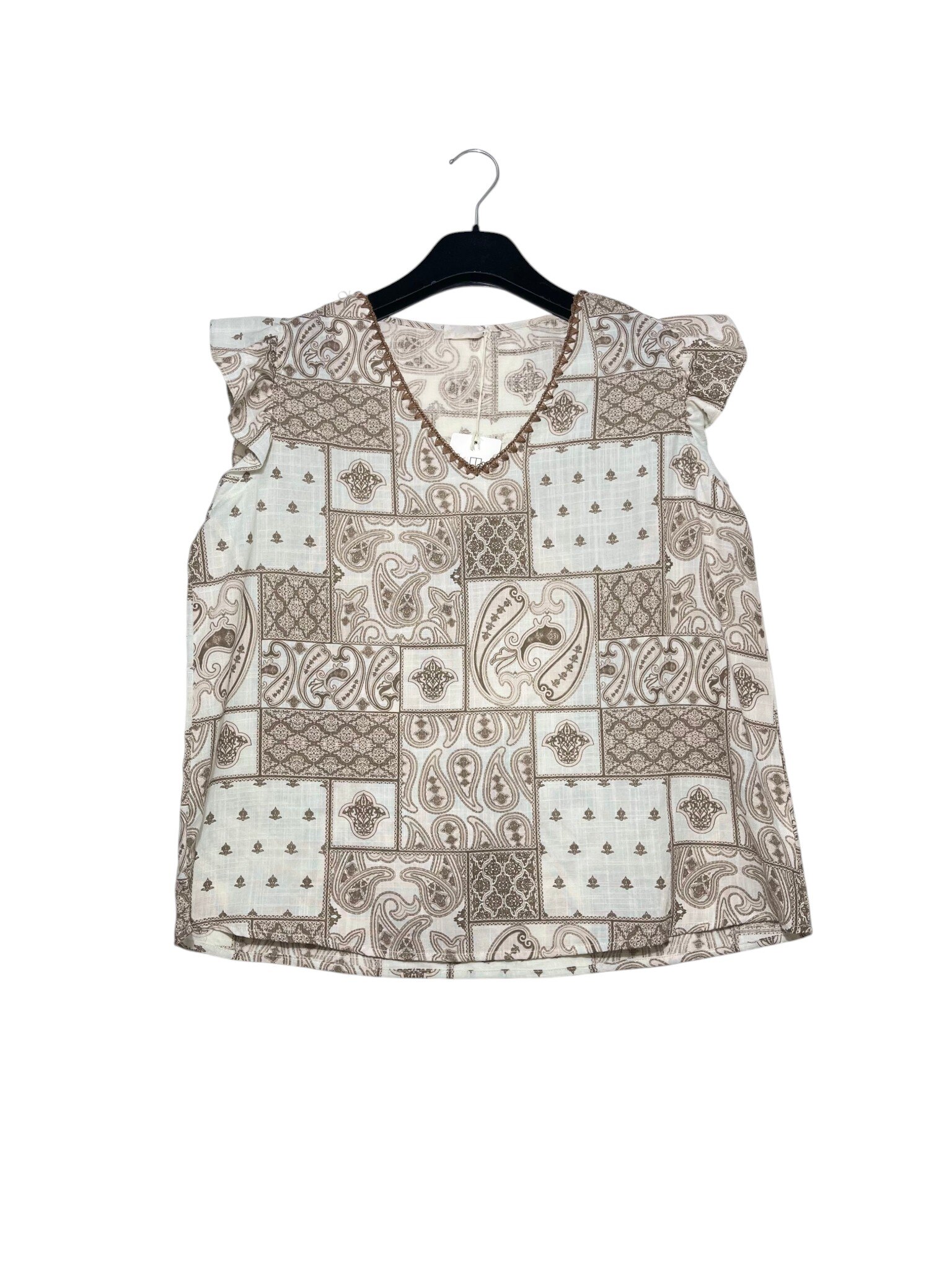 Mayorista Elegance - Camiseta de mezcla de lino con cuello en V bordado y mangas con volantes
