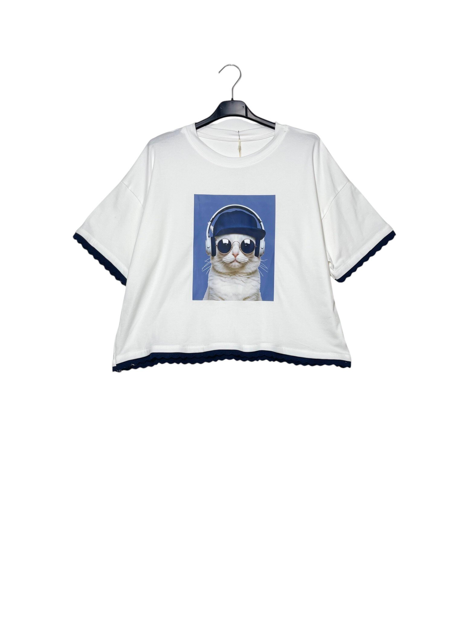 Mayorista Elegance - Camiseta con inserciones acanaladas onduladas en las mangas y el dobladillo, estampado de gatito