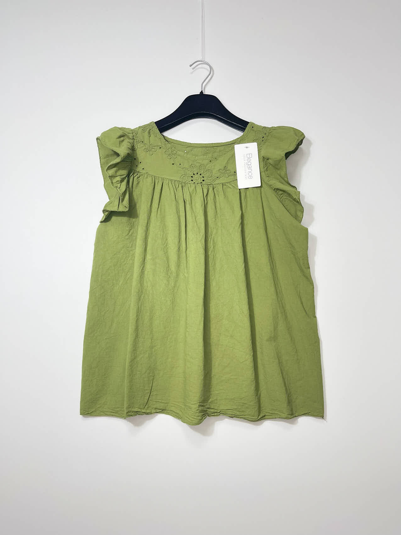 Wholesaler Elegance - Round Neck T-shirt with Embroidery and Ruffles on the Shoulders