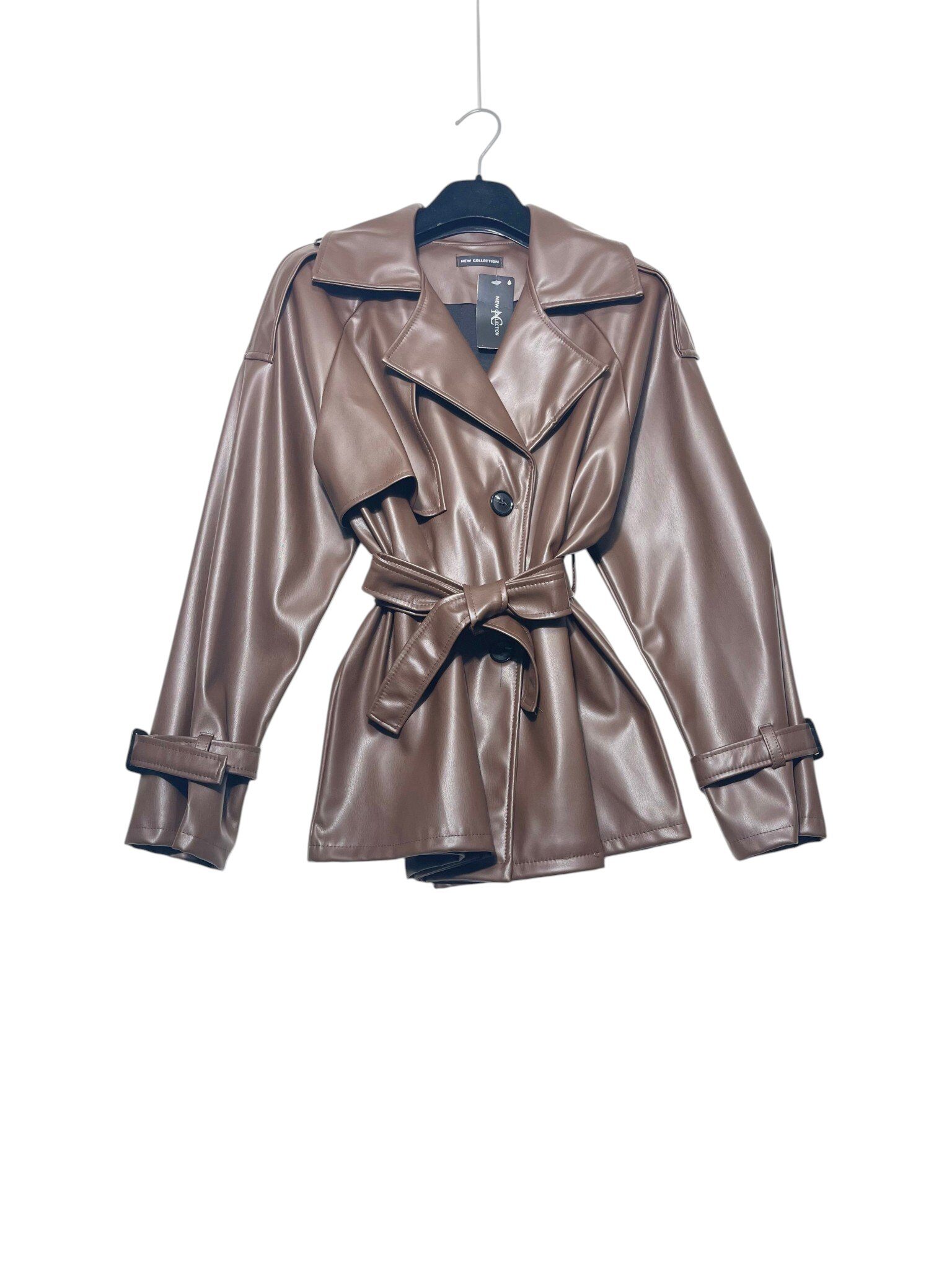 Wholesaler Elegance - Short double-breasted faux leather trench coat