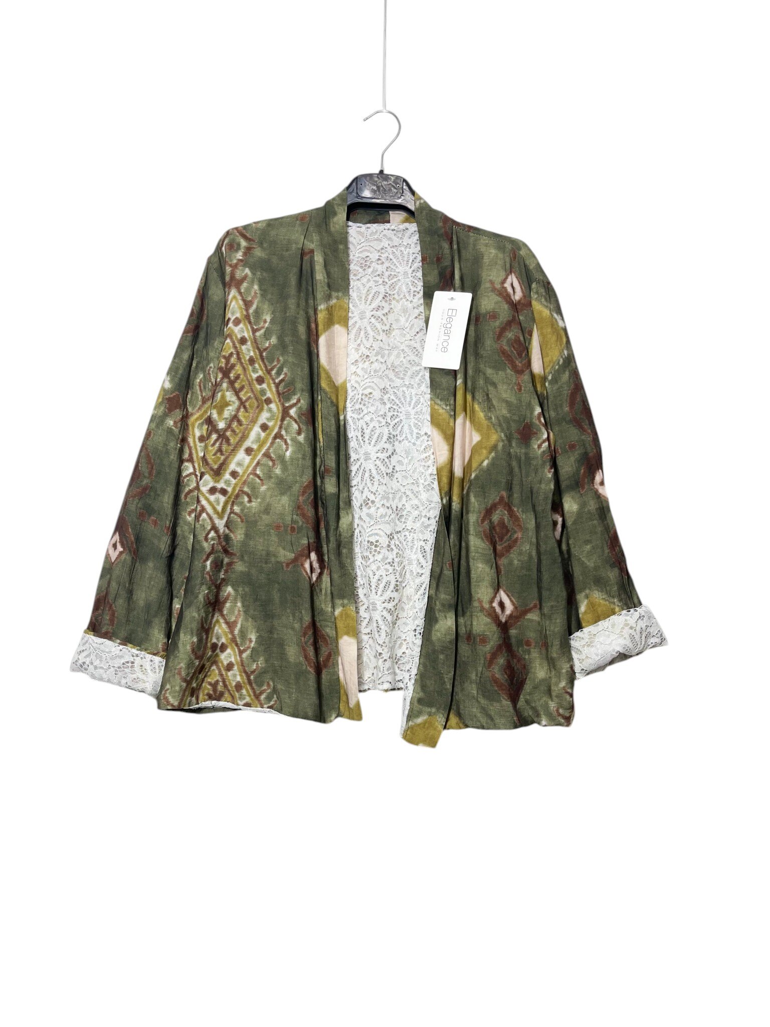 Mayorista Elegance - Chaqueta abierta de pura viscosa con estampado de cuadros, interior de encaje broderie anglaise