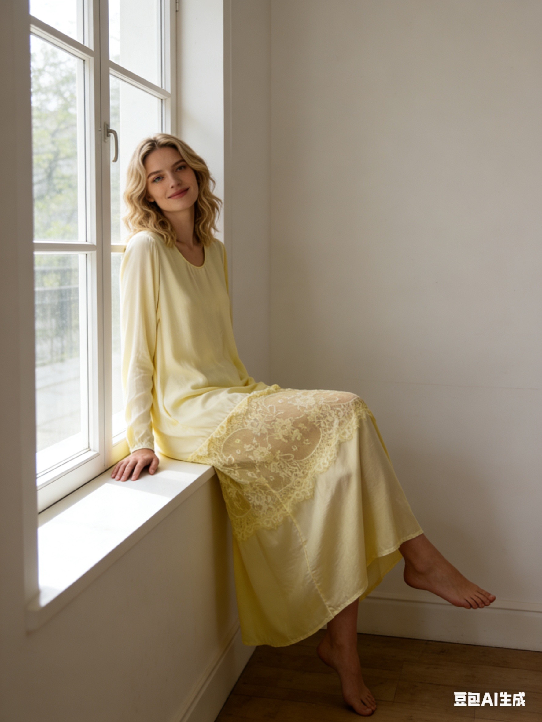 Grossiste Italian Style - Robe longue à col rond en satin avec manches longues et volant en dentelle