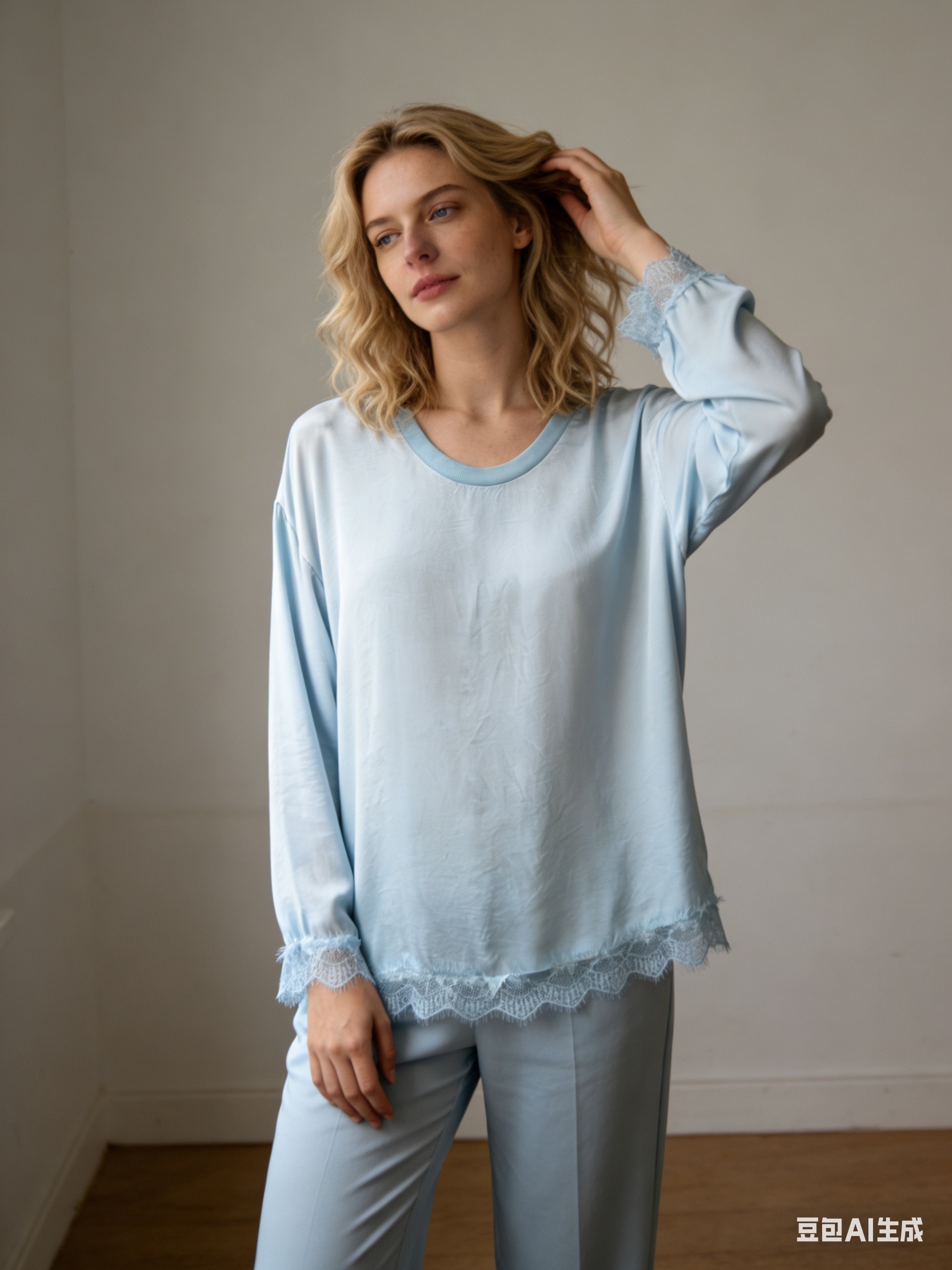 Grossiste Italian Style - Blusa a maniche lunghe in raso con girocollo in costina, rifinita con pizzo ai p
