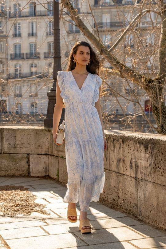 Großhändler Elina Studio - Fließendes langes Kleid mit Druck und Rüschen
