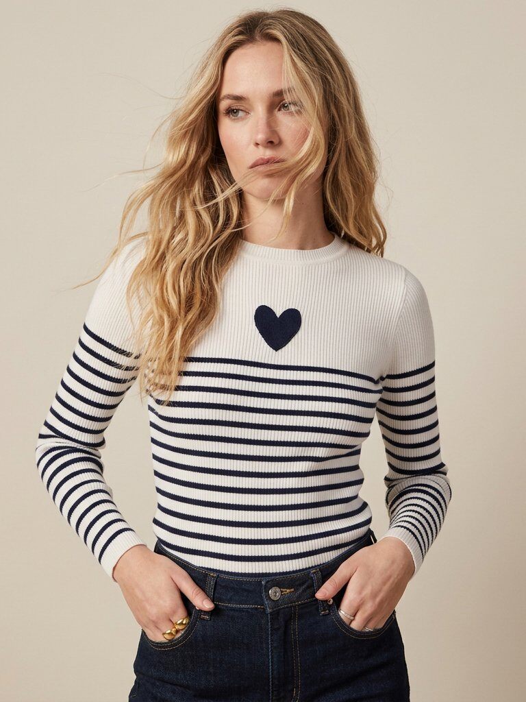 Grossista Elina Studio - Top a righe marinare in maglia fine con cuore