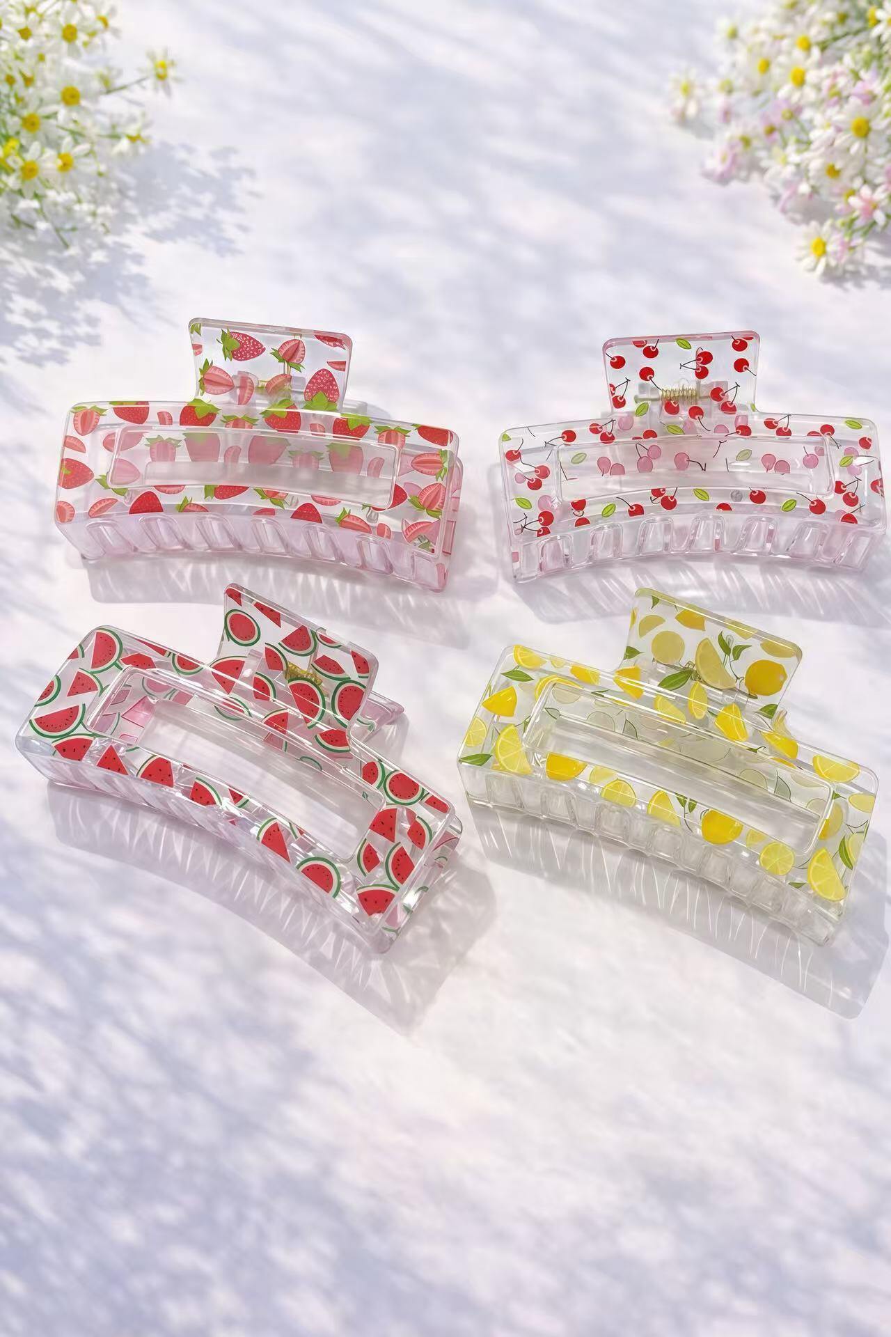 Mayorista ÉLINE L'ATELIER - Pinzas para el Cabello Rectangulares Transparentes con Motivos de Frutas 8,5 cm