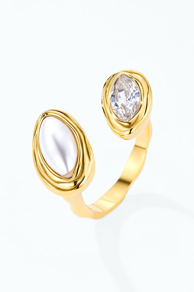 Grossiste ÉLINE L'ATELIER - Bague Toi & Moi perle et zircon navette en acier inoxydable