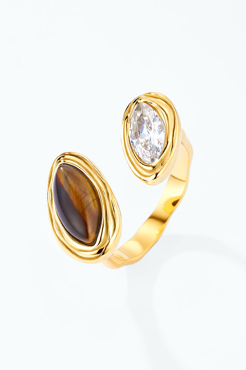 Grossiste ÉLINE L'ATELIER - Bague Toi & Moi œil de tigre et zircon ovale en acier inoxydable