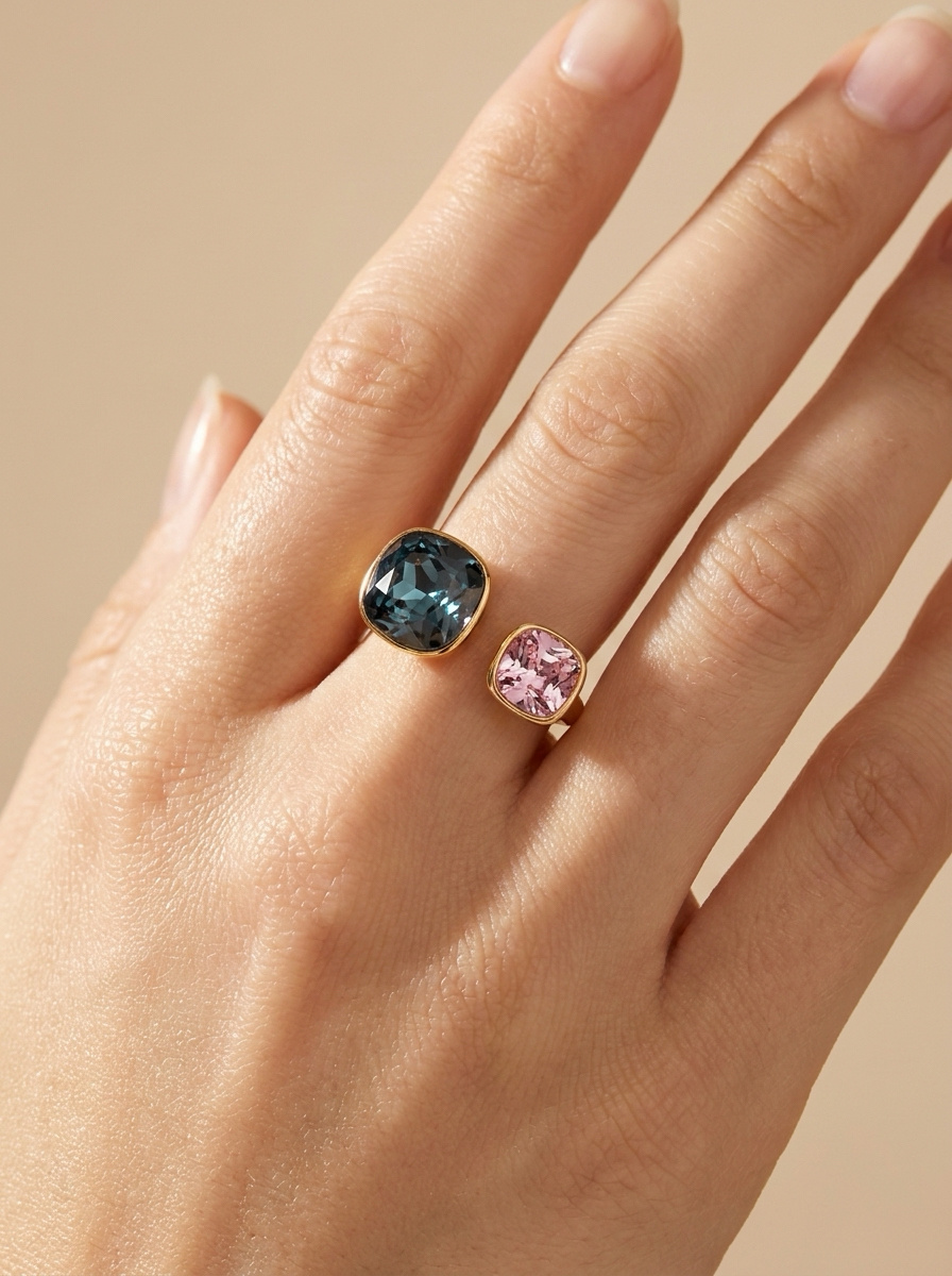 Grossiste ÉLINE L'ATELIER - Bague ouverte à double cristal coloré en acier inoxydable 424AQ372