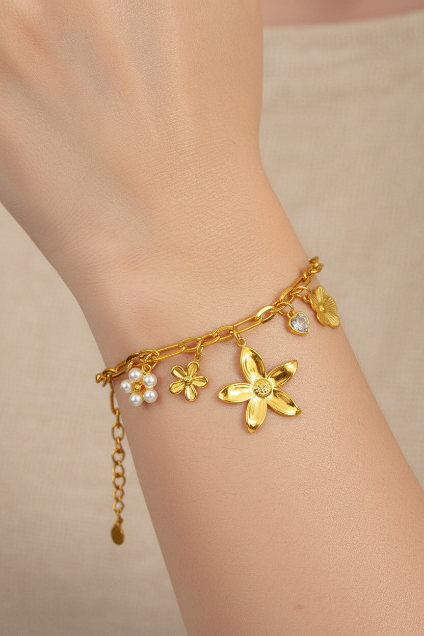 Mayorista Ella Ella - PULSERA DE ENCANTO FLORAL DE ACERO INOXIDABLE