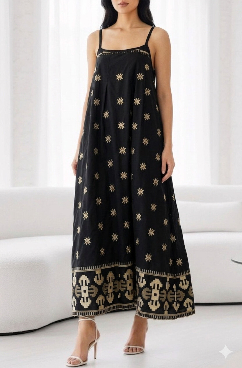 Grossiste Elle Street - Robe longue fluide en coton fines bretelles broderies étoiles - 100% coton