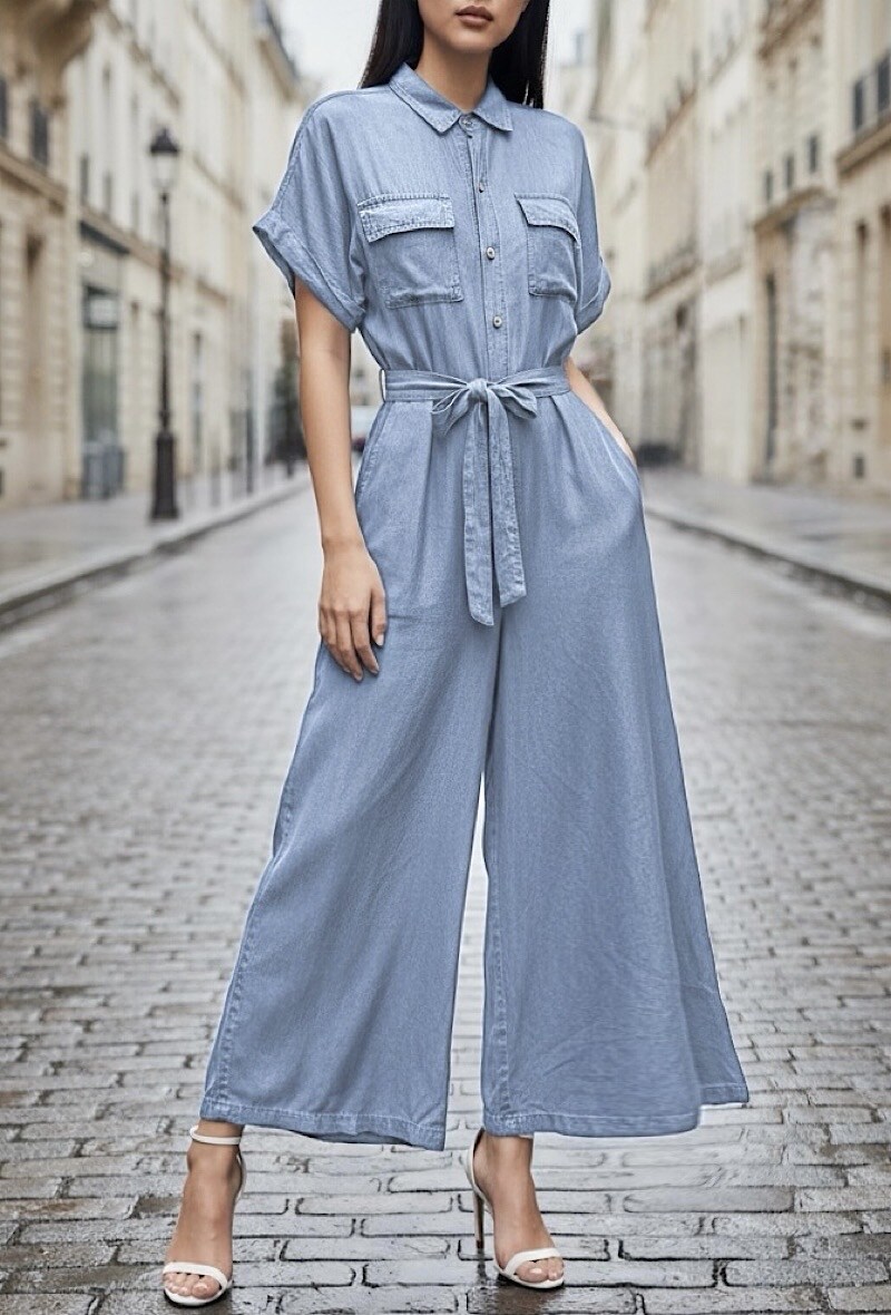 Mayorista Elle Style - Mono CAMILA muy fluido en denim de TELA LYOCELL con botones y bolsillos, chic y a la moda