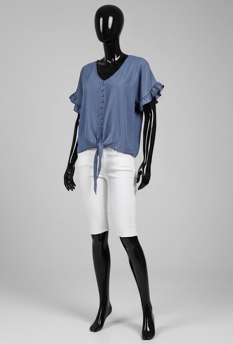 Mayorista Elle Style - Blusa LOULA con tachuelas, muy fluida en denim con lazo de tejido LYOCELL