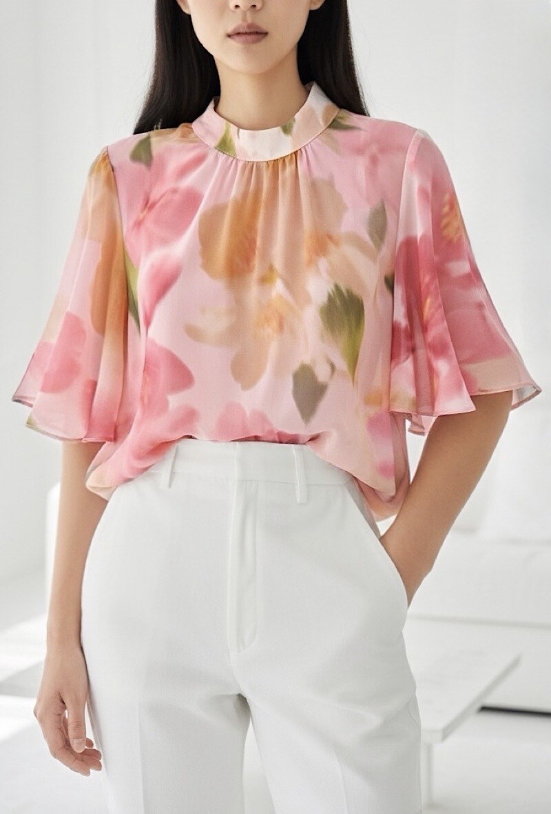 Grossista Elle Style - Blusa AGNES stampata con maniche fluide romantiche, chic e alla moda con fodera in viscosa