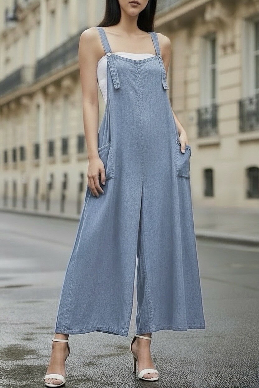 Grossista Elle Style - Salopette PETTY molto fluida in denim in MATERIALE LYOCELL con bottoni e tasche, chic e alla moda