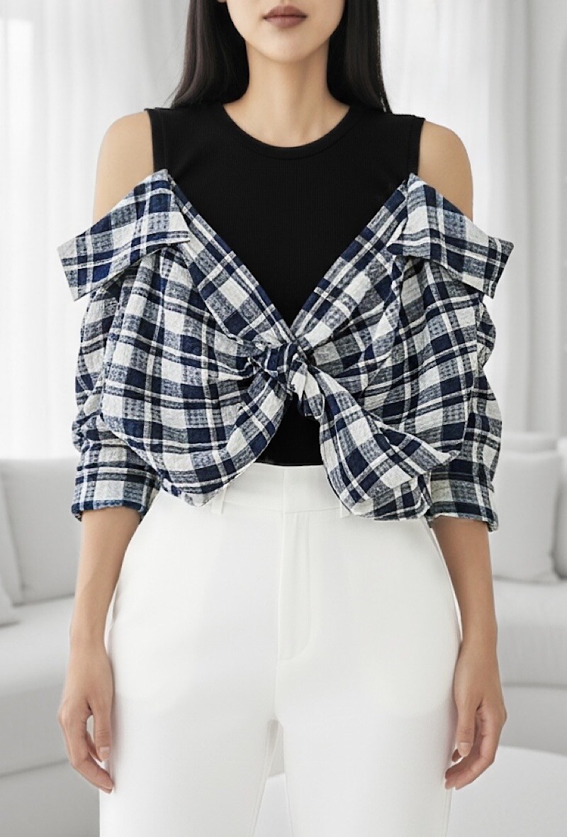 Grossista Elle Style - Blusa MONICA con effetto camicia a quadri, molto alla moda e romantica