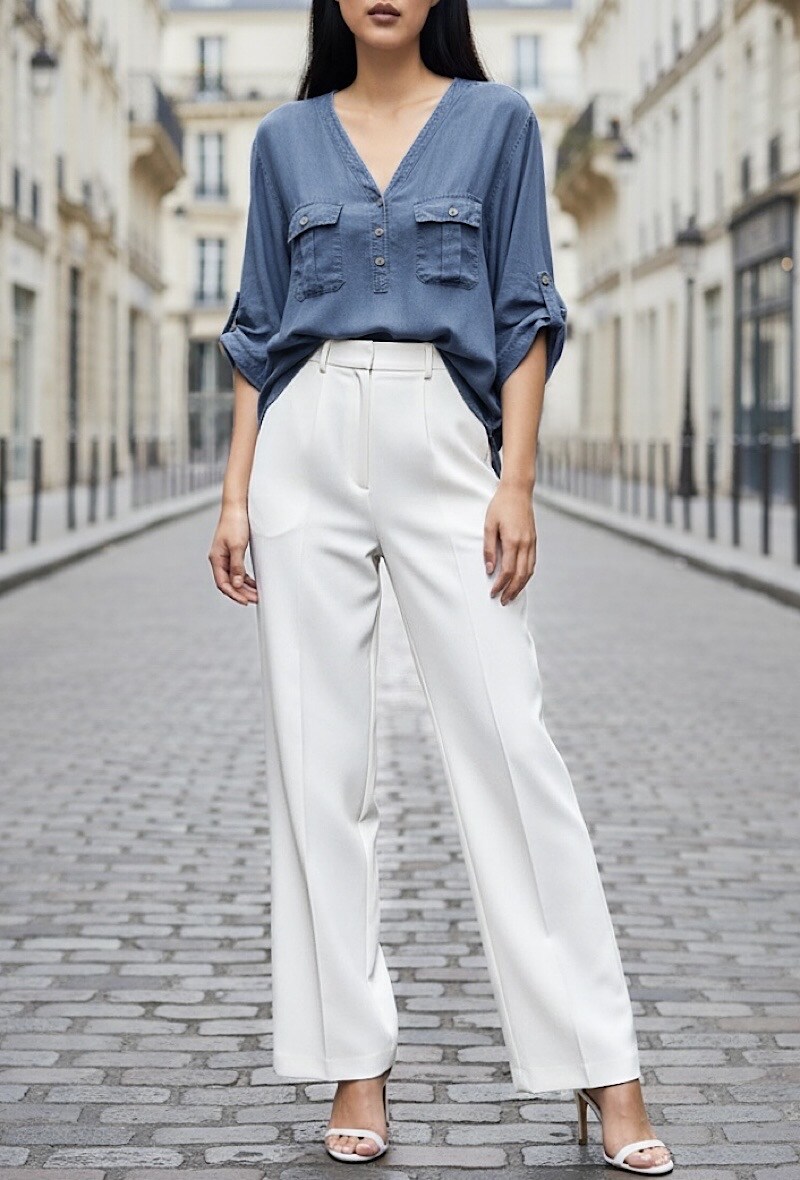 Mayorista Elle Style - Blusa AXY de denim ultra suave en MATERIAL LYOCELL con botones y bolsillos delanteros elegantes y a la moda