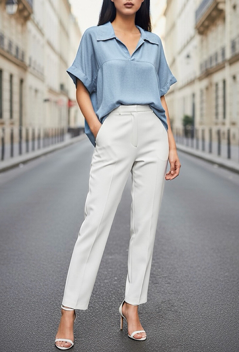 Mayorista Elle Style - Blusa OXANNA, muy fluida de mezclilla en MATERIAL LYOCELL con un cuello en V elegante y a la moda.