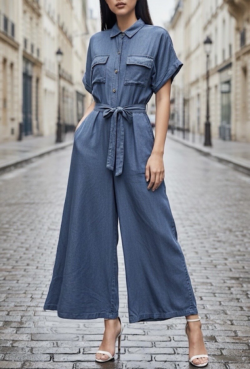 Grossista Elle Style - Tuta CAMILA molto fluida in denim in TESSUTO LYOCELL con bottoni e tasche, chic e alla moda