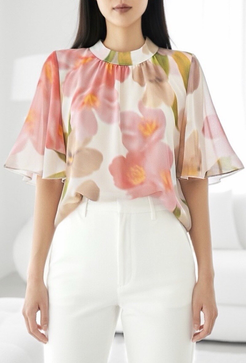 Grossista Elle Style - Blusa AGNES stampata con maniche fluide romantiche, chic e alla moda con fodera in viscosa