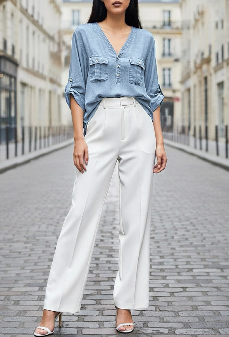 Grossista Elle Style - Blusa AXY in denim ultra morbido in MATERIALE LYOCELL con bottoni e tasche frontali eleganti e di tendenza