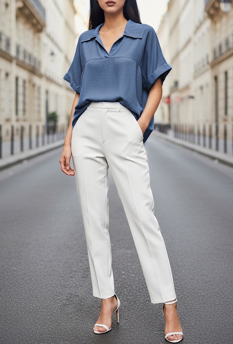 Grossista Elle Style - Blusa OXANNA, molto fluida in denim in MATERIALE LYOCELL con scollo a V chic e di tendenza.