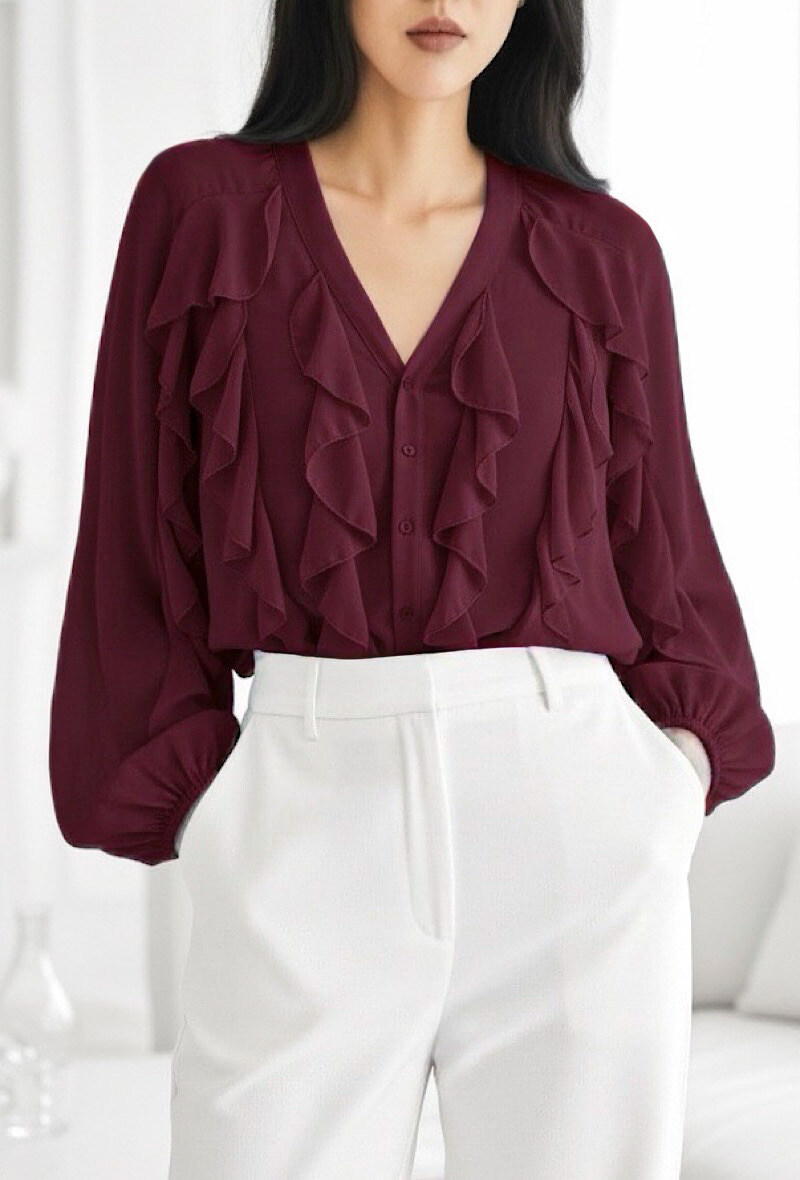 Grossista Elle Style - Blusa FANELLA con volant in voile Romantico Chic. Fluida e di tendenza