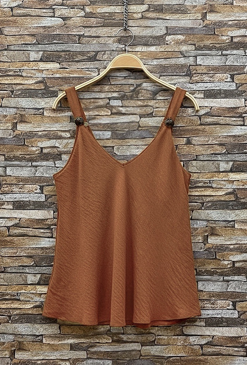 Großhändler Elle Style - MELODIE Tanktop aus sehr fließender Viskose mit braunen Perlen/Charms. BOHEMIAN CHIC und IM TREND.