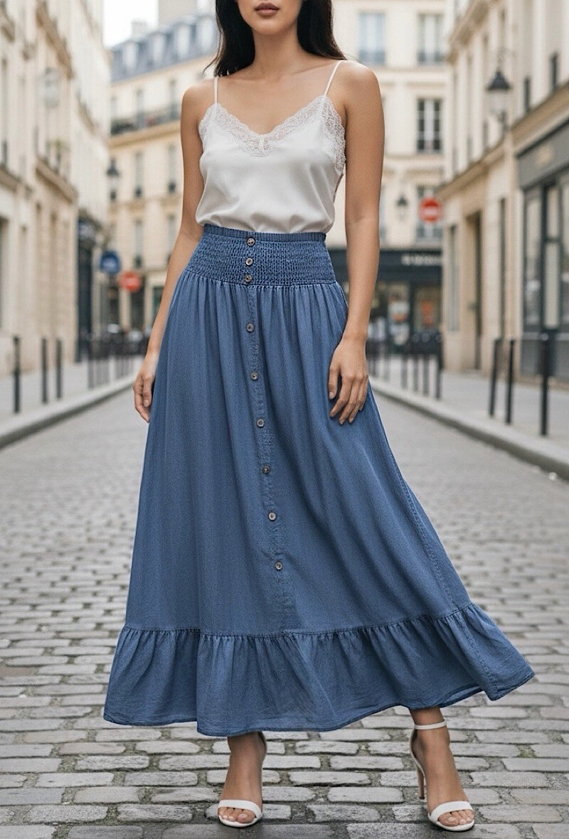 Mayorista Elle Style - Falda LARIANNE muy fluida en denim de MATERIAL LYOCELL con cinturón y bolsillos delanteros