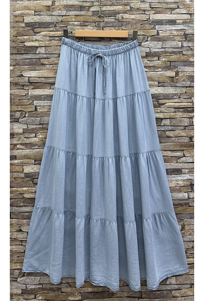 Grossista Elle Style - Gonna ALEXA molto fluida con volant a balze in denim e vita elastica in MATERIALE LYOCELL