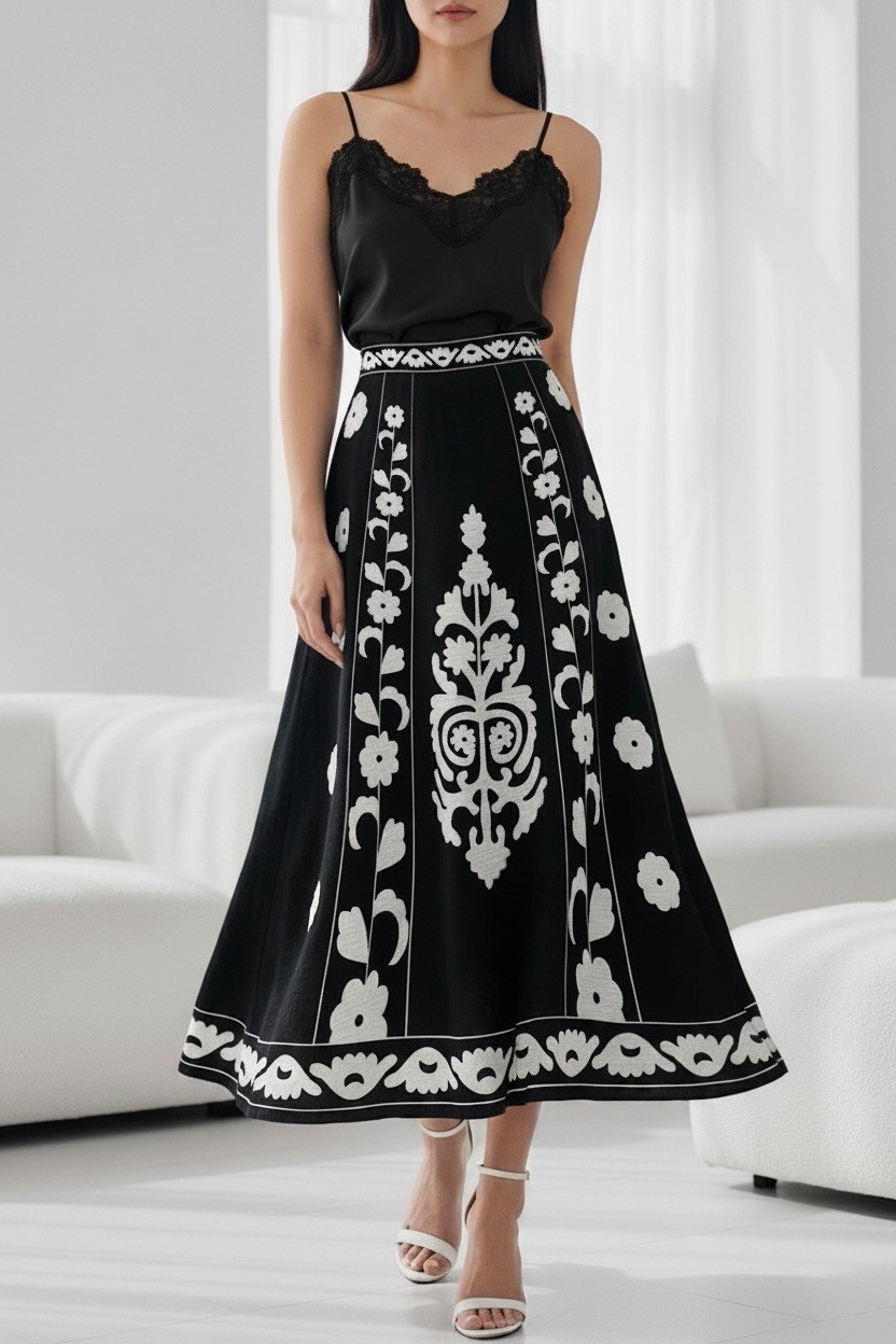 Grossiste Elle Style - Jupe LATINO en viscose fluide avec imprimé et élastique au dos. BOHEME CHIC et TENDANCE.