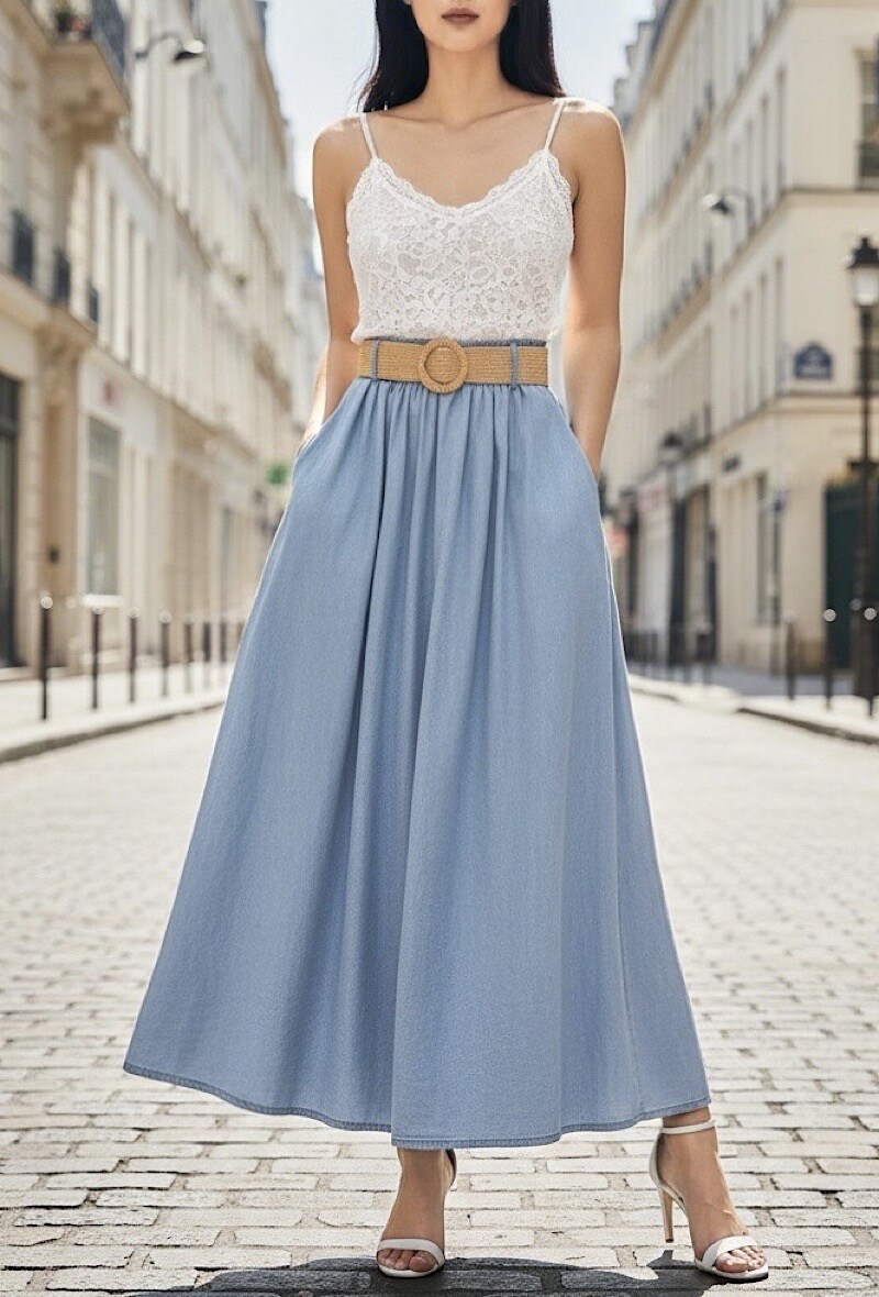 Grossista Elle Style - Gonna LAURENCE molto fluida in denim in TESSUTO LYOCELL con cintura e tasche anteriori