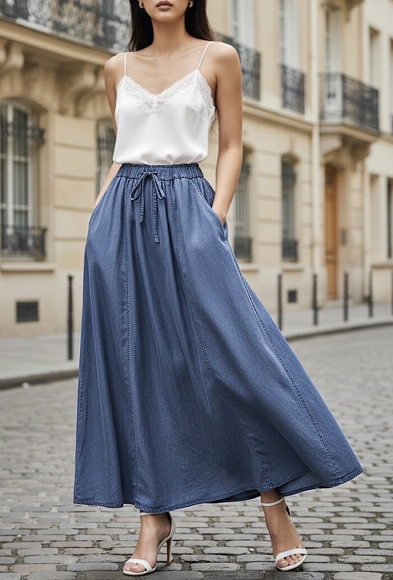Grossista Elle Style - Gonna LARA molto fluida in denim in TESSUTO LYOCELL con vita elastica e regolabile con tasche anteriori