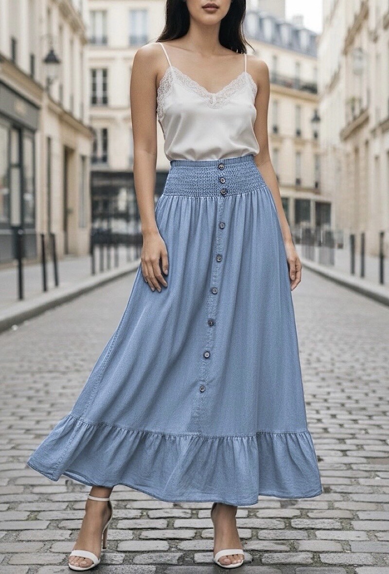 Mayorista Elle Style - Falda LARIANNE muy fluida en denim de MATERIAL LYOCELL con cinturón y bolsillos delanteros