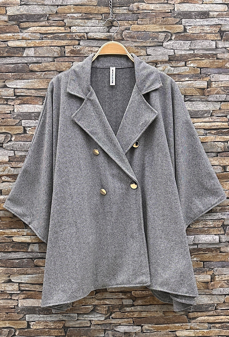 Grossiste Elle Style - Manteau AXELLE cape avec boutons en flanelle, Tissus Automnale et Hivernale