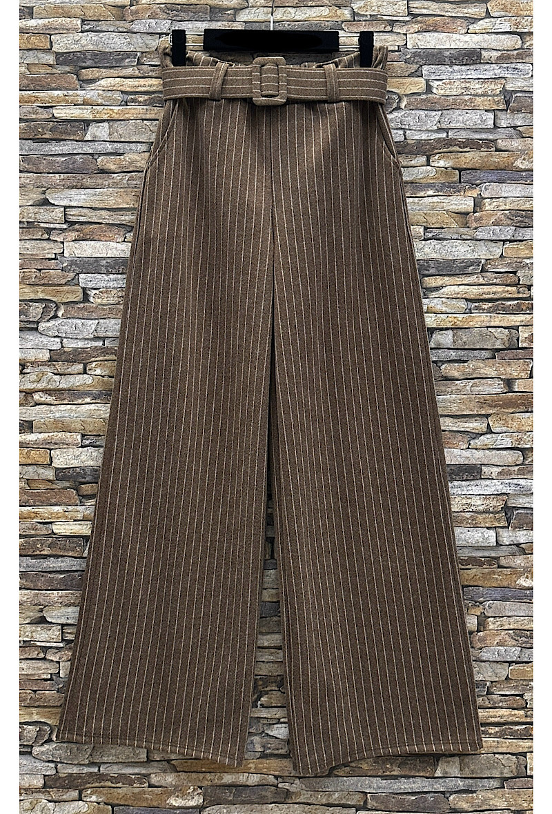 Grossiste Elle Style - Pantalon SHAN large palazzo flanelle Automnale. ceinture fait main avec poche