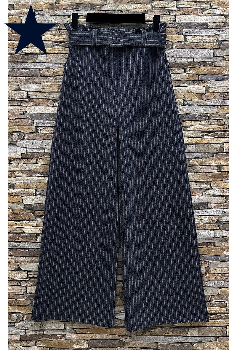 Grossiste Elle Style - Pantalon SHAN large palazzo flanelle Automnale. ceinture fait main avec poche